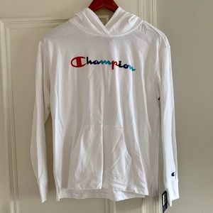 Champion Sweatshirt in White with Multicolored Brand Letters